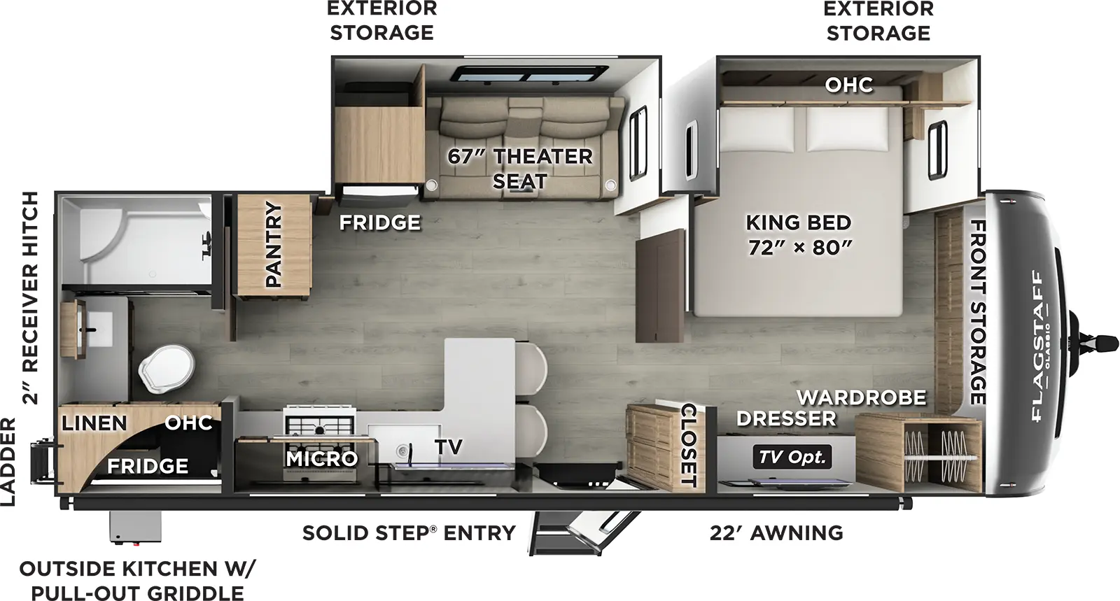 The Flagstaff Classic Travel Trailers 826KBS has one entry and two slide outs. Exterior features include: fiberglass exterior, 22' awning and outside kitchen. Interiors features include: front bedroom and rear bathroom.